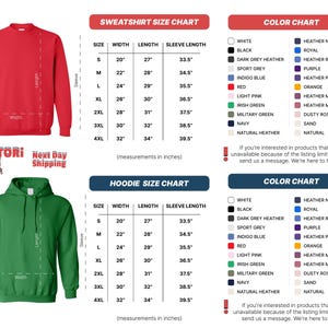 The image is a color chart and a sweatshirt size chart for a clothing item. The chart provides measurements in inches for different sizes and colors, including a color chart and a hoodie size chart.
