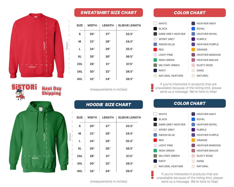 The image is a color chart and a sweatshirt size chart for a clothing item. The chart provides measurements in inches for different sizes and colors, including a color chart and a hoodie size chart.