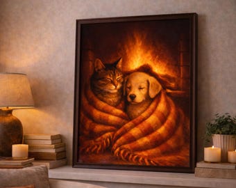 Cozy Cat and Dog by Fireplace Art Print, Snuggle Buddies Wall Decor