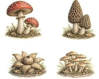 Vintage Botanical Mushroom Stickers Set of 11 | Medieval Fungi Illustration | Cottagecore Nature Sticker Pack