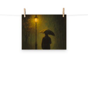 Romantic Rainy Night Poster: Street Lamp & Umbrella Art, Gift for Couples (11x14 Print