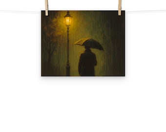 Romantisk regnig nattposter: Gatulampa och paraplykonst, present till par (11x14-tryck)