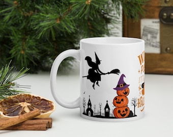 Spooky Witch Mug: White Glossy Halloween Coffee Cup