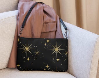Starry Night Axelremsväska: Elegant svart & guldfärgad konstläderdesign