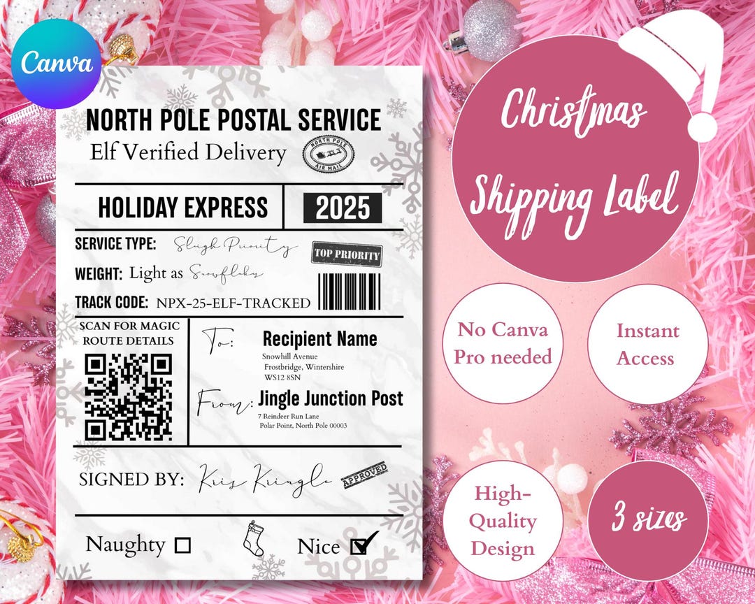 Santa Mail Sticker Label Template, Editable Canva Thermal Label Designs ...