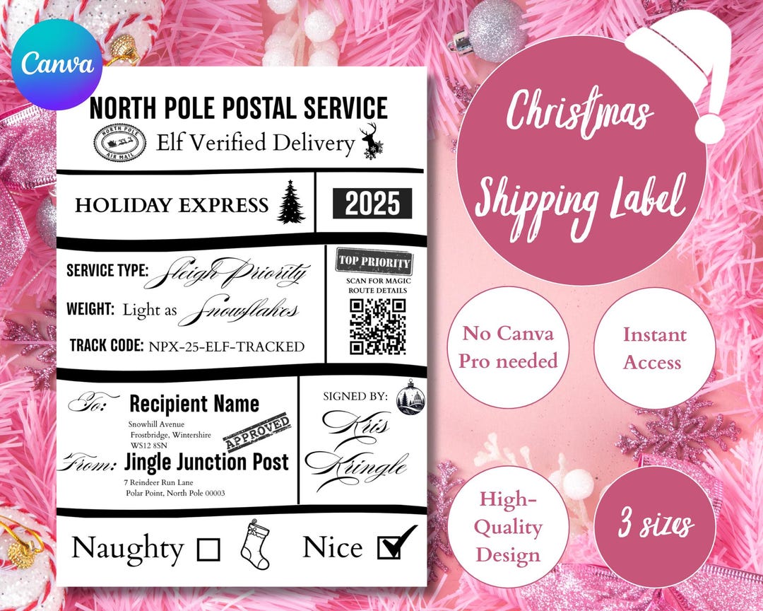 Santa Mail Sticker Label Template, Editable Canva Thermal Label Designs ...