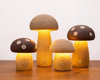 Handmade Wooden Mushroom Lamp, Handcrafted Touch Control Light, Rechargeable Bedside Lamp, Natural Wood Home Decor