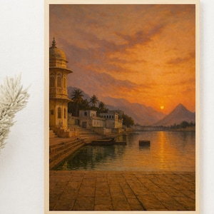 May include: A framed print of a sunset over a lake with a traditional Indian building. The artwork features warm orange and yellow hues, with a detailed depiction of architecture, water, and mountains. The print is in a wooden frame.