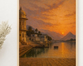 India Painting - India Art Print - Asia Wall Art - Pushkar - Warm - Sunset - Lake | Digital Download - Digital Art Download