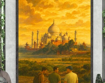 India Painting - India Art Print - Asia Wall Art - Agra - Taj Mahal - Sunset - Friends - Men | Digital Download - Digital Art Download