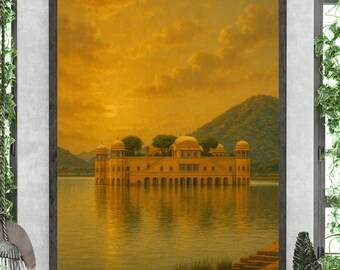 India Painting - India Art Print - Asia Wall Art - Jaipur - Warm - Sunset - Palace - Lake | Digital Download - Digital Art Download