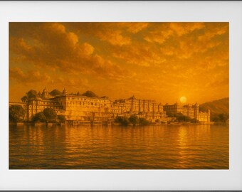 India Painting - India Art Print - Asia Wall Art - Udaipur - Warm - Sunset - Palace - Lake | Digital Download - Digital Art Download