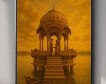 India Painting - India Art Print - Jaisalmer - Lake - Couple - Romantic - Love - Gazebo | Digital Download - Digital Art Download