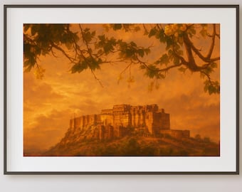 India Painting - India Art Print - Asia Wall Art - Jodhpur - Warm - Sunset - Fort | Digital Download - Digital Art Download