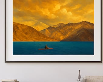 India Painting - India Art Print - Asia Wall Art - Ladakh - Sunset - Lake - Mountains - Landscape | Digital Download - Digital Art Download