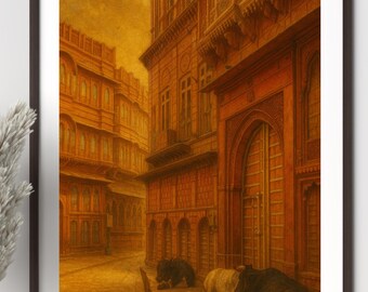 India Painting - India Art Print - Asia Wall Art - City Street - Cows | Digital Download - Digital Art Download