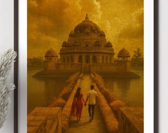 India Painting - India Art Print - Asia Wall Art - Couple - Romantic - Love - Walkway | Digital Download - Digital Art Download