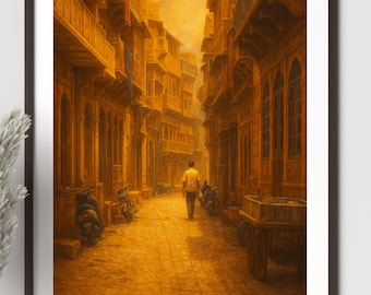 India Painting - India Art Print - Asia Wall Art - Warm - City Street - Man | Digital Download - Digital Art Download