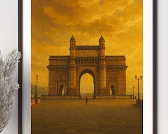 India Painting - India Art Print - Asia Wall Art - Mumbai - Monument - Man - Warm - Sunset | Digital Download - Digital Art Download