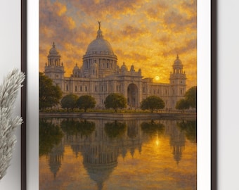 India Painting - India Art Print - Asia Wall Art - Calcutta - Warm - Sunset - Memorial | Digital Download - Digital Art Download