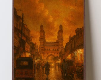 India Painting - India Art Print - Asia Wall Art - Hyderabad - City Street - Evening | Digital Download - Digital Art Download