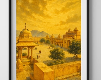 India Painting - India Art Print - Asia Wall Art - Jaipur - Warm - Fort | Digital Download - Digital Art Download