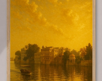 India Painting - India Art Print - Asia Wall Art - Udaipur - Warm - Sunset - Lake - Boat | Digital Download - Digital Art Download