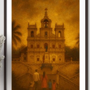 Pode incluir: Impressão emoldurada de uma igreja com torre sineira e cruz, pintada em tons sépia quentes. Uma família sobe as escadas em direção à igreja. Palmeiras emolduram os lados do edifício. A obra de arte está em uma moldura marrom escura.