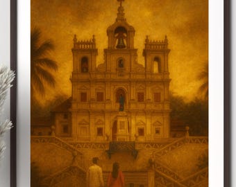 India Painting - India Art Print - Asia Wall Art - Goa - Warm - Sunset - Church - Family | Digital Download - Digital Art Download