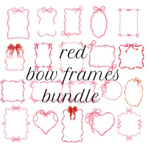Puede incluir: Un conjunto de marcos rojos con lazos en varias formas, incluyendo diseños rectangulares, ovalados y en forma de corazón. El texto "red bow frames bundle" está presente. Cada marco presenta un delicado adorno de lazo.