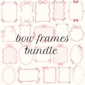 Pode incluir: Uma coleção de molduras rosa com laços em várias formas e tamanhos, com o texto "bow frames bundle". As molduras são delineadas em rosa escuro, com laços nos cantos e na parte superior.