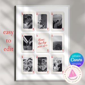 May include: A white framed print featuring nine playing card designs, each with a black and white photograph. The text "How lucky are we" is in red script. The words "easy to edit" are in red. Includes a "Canva template" badge.