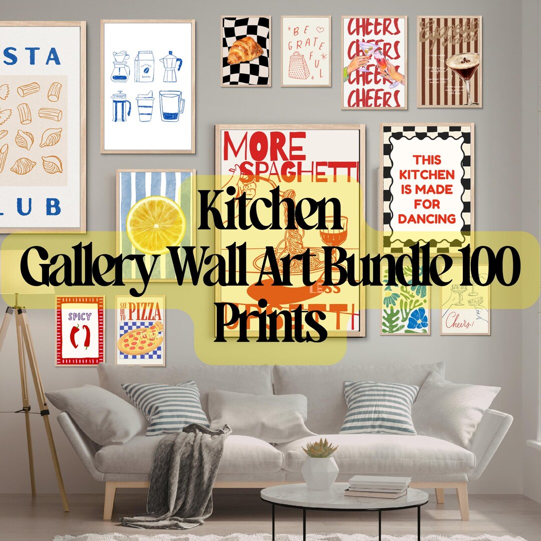 Retro Kitchen Gallery Wall Art Bundle, Colorful Food Prints (100 ...