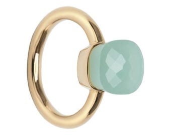 Anillo de oro macizo de 14 k con piedra preciosa de calcedonia y anillo de aniversario para el amor.