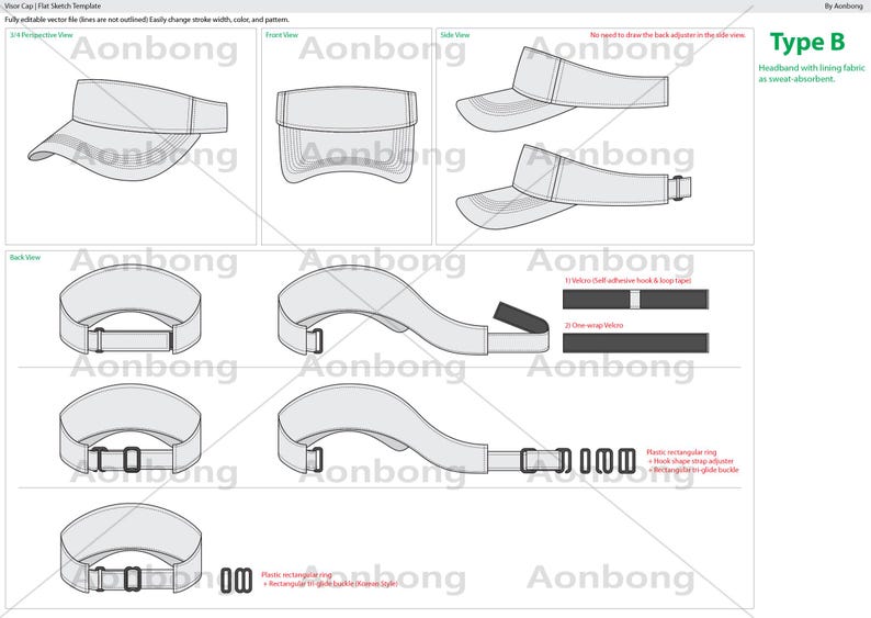 Visor Cap Flat Sketch Template: 4 Styles Bundle Pack (AI, PDF, PNG ...