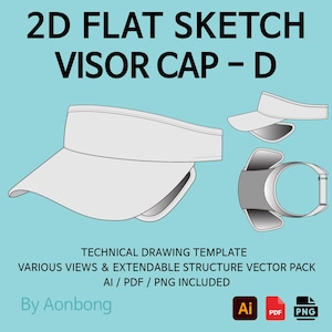 Puede incluir: Un dibujo técnico de una visera blanca, con múltiples vistas y una correa ajustable. El texto "2D FLAT SKETCH VISOR CAP - D" está en la parte superior. Incluye formatos de archivo AI, PDF y PNG. El texto "By Aonbong" está en la parte inferior.