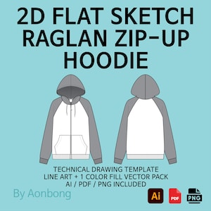 Raglan Zip-up Hoodie Flat Sketch Template | Vector – AI, PDF, PNG – Digital Download