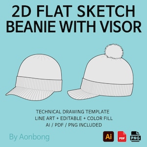Puede incluir: Un dibujo técnico de un gorro con visera, en un estilo de boceto plano. El diseño incluye dos vistas del gorro, una con un pompón. El texto dice "2D FLAT SKETCH BEANIE WITH VISOR" y "TECHNICAL DRAWING TEMPLATE".