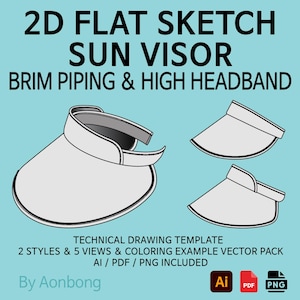 Puede incluir: Una plantilla de dibujo técnico para una visera, que presenta un boceto plano 2D con ribete de ala y una diadema alta. La imagen incluye múltiples vistas del diseño de la visera, con el texto "2D FLAT SKETCH SUN VISOR BRIM PIPING & HIGH HEADBAND".