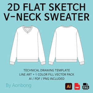 Peut inclure: Un dessin technique d'un pull blanc à col en V, présenté de face et de dos. L'image comprend le texte "2D FLAT SKETCH V-NECK SWEATER" et "TECHNICAL DRAWING TEMPLATE". Le design est un dessin au trait avec un pack vectoriel de remplissage en 1 couleur, disponible en formats AI, PDF et PNG.
