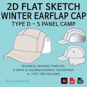 May include: Technical drawing of a winter earflap cap. The main illustration shows a cap with a houndstooth pattern, earflaps, and a brim. Additional views of the cap are also shown. Text includes "2D FLAT SKETCH WINTER EARFLAP CAP" and "TYPE D - 5 PANEL CAMP."