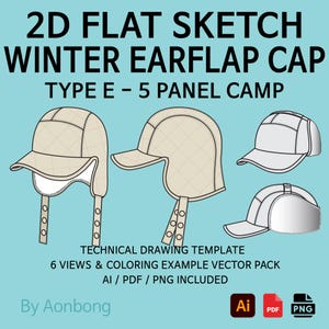 Könnte beinhalten: Eine technische Zeichnung von Winter-Ohrenklappenmützen in verschiedenen Ansichten. Die Mützen sind beige mit Steppmuster und Ohrenklappen. Der Text lautet "2D FLAT SKETCH WINTER EARFLAP CAP TYPE E - 5 PANEL CAMP". Enthält AI-, PDF- und PNG-Dateien.