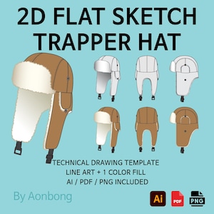 May include: A digital illustration of a trapper hat in various styles and colours. The hats are brown and white, with a fluffy, faux fur lining. The text reads "2D FLAT SKETCH TRAPPER HAT" and "TECHNICAL DRAWING TEMPLATE".