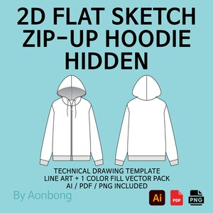 May include: A technical drawing template for a zip-up hoodie, featuring front and back views. The design is in white with a gray-lined hood, set against a light blue background. Text includes "2D FLAT SKETCH ZIP-UP HOODIE HIDDEN" and file type icons.