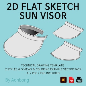 Puede incluir: Un dibujo técnico de una visera solar en un estilo de boceto plano 2D. La imagen muestra tres vistas de la visera, con el texto "2D FLAT SKETCH SUN VISOR" en la parte superior. La imagen incluye el texto "TECHNICAL DRAWING TEMPLATE".