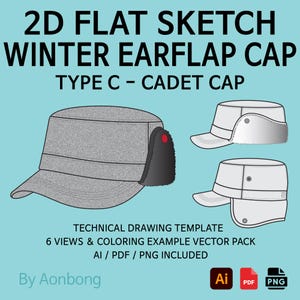 May include: A technical drawing of a winter earflap cap, type C - cadet cap. The image shows a grey cap with black earflaps and a red button. Additional views of the cap are shown in white. Text includes "2D FLAT SKETCH WINTER EARFLAP CAP".