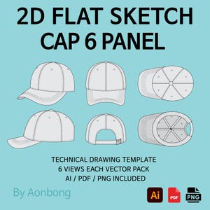 Puede incluir: Un modelo de dibujo técnico para una gorra de 6 paneles, que presenta seis vistas diferentes de la gorra en un estilo de boceto plano. La imagen incluye el texto "2D FLAT SKETCH CAP 6 PANEL" y "TECHNICAL DRAWING TEMPLATE". Los formatos de archivo incluidos son AI, PDF y PNG.