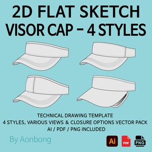 Puede incluir: Una plantilla de dibujo técnico con cuatro estilos de viseras. La imagen muestra cuatro diseños de viseras blancas diferentes sobre un fondo azul claro. El texto incluye "2D FLAT SKETCH VISOR CAP - 4 STYLES" y "TECHNICAL DRAWING TEMPLATE".