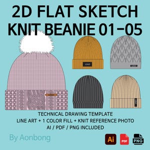 May include: A technical drawing template for knit beanies. The image displays five different beanie designs in various colors, including pink, mustard yellow, gray, and black. The text "2D FLAT SKETCH KNIT BEANIE 01-05" is at the top.