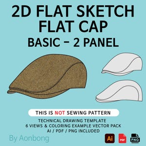 Plantilla básica de boceto plano para gorra plana (2 paneles) · 6 vistas (descarga digital)